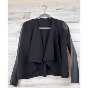 Ted Baker Womens S/M Black Leather Trim Wool Cascade Open Front Cardigan